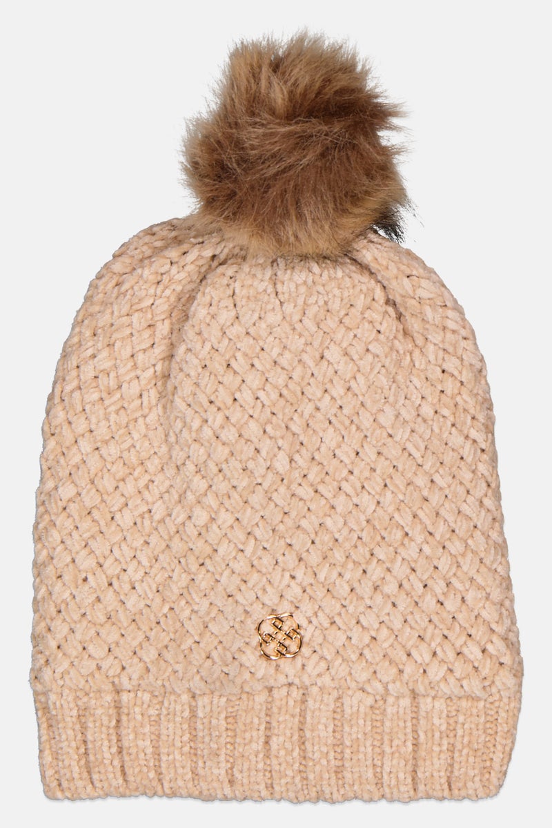 Daisy Fuentes Women Knitted Pompom Beanie, Beige - Image 1